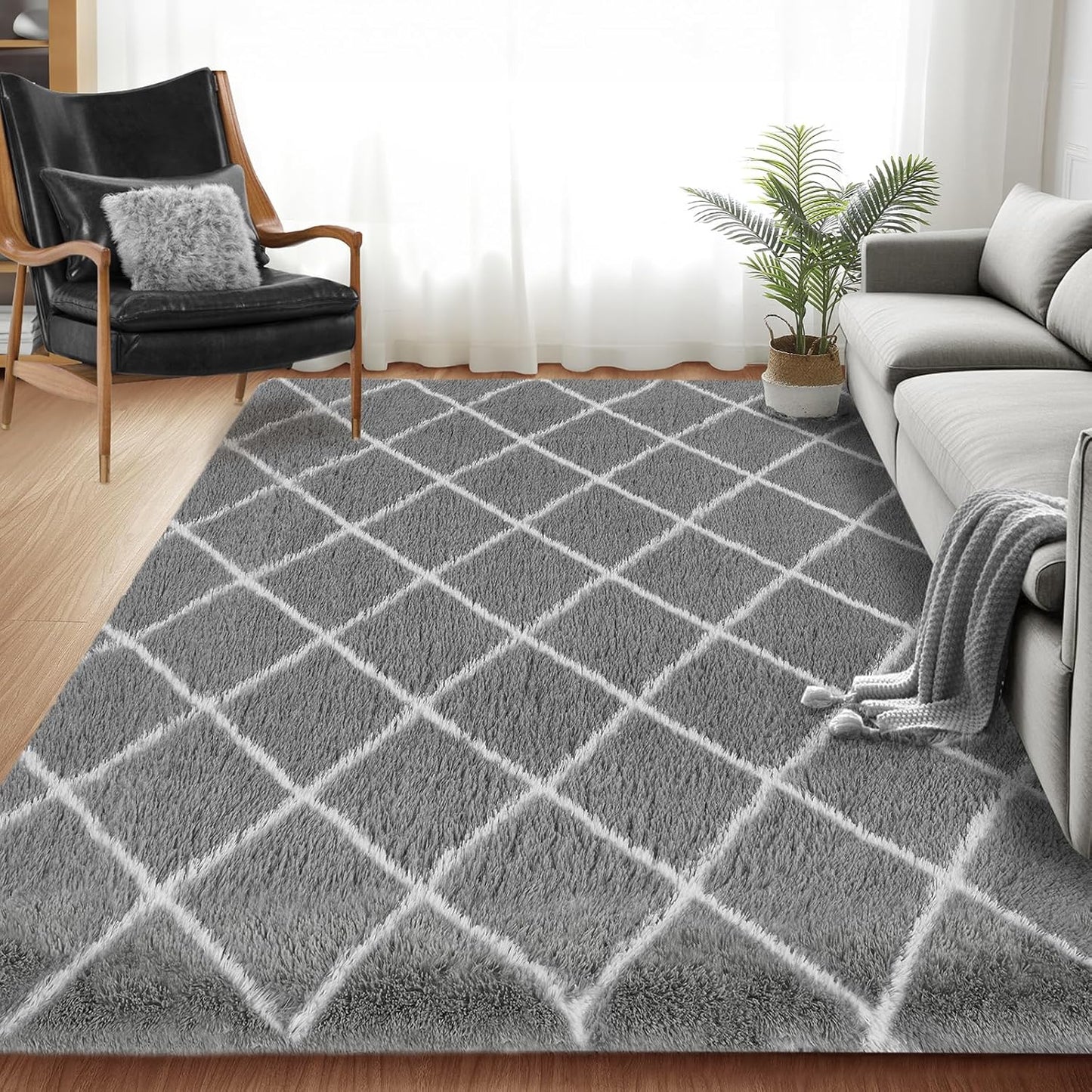 Fluffy Rug for Bedroom, 4X6Feet Super Soft Rug, Stripe Checkered Anti-Skid High Pile for Living Room Bedroom Kids Room Nursery, Dorm Home Decor