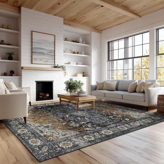 9x12 Area Rug Living Room Rugs, Stain Resistant Washable Rug, Vintage Large Non-Slip Backing, Low Pile Lightweight Print Rug for Bedroom Dinning Room Home Office (Tan/Gray)