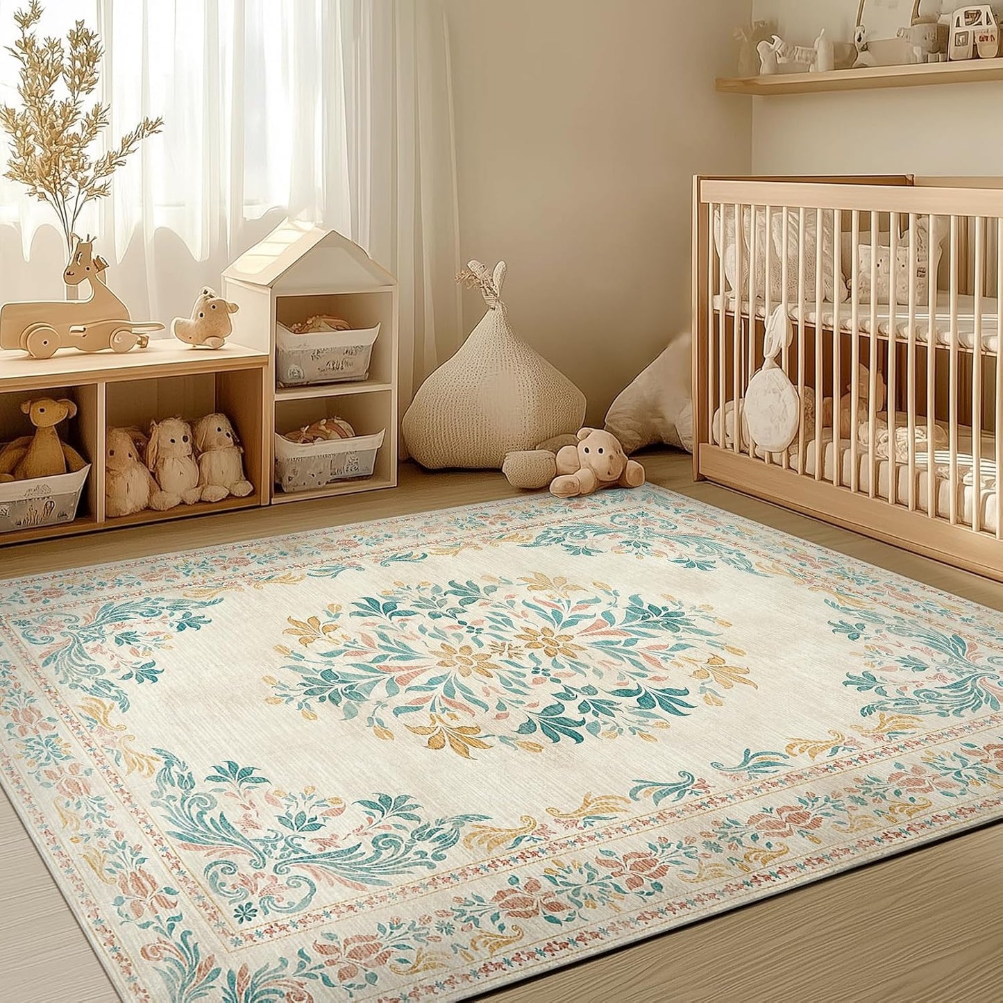 jinchan Floral 4x6 Area Rugs for Nursery - Machine Washable Vintage Distressed Design Soft Ultra-Thin Low-Pile Non-Slip Kids Carpet for Bedroom Living Room Dining Room Home Office (4x6ft,Apricot)