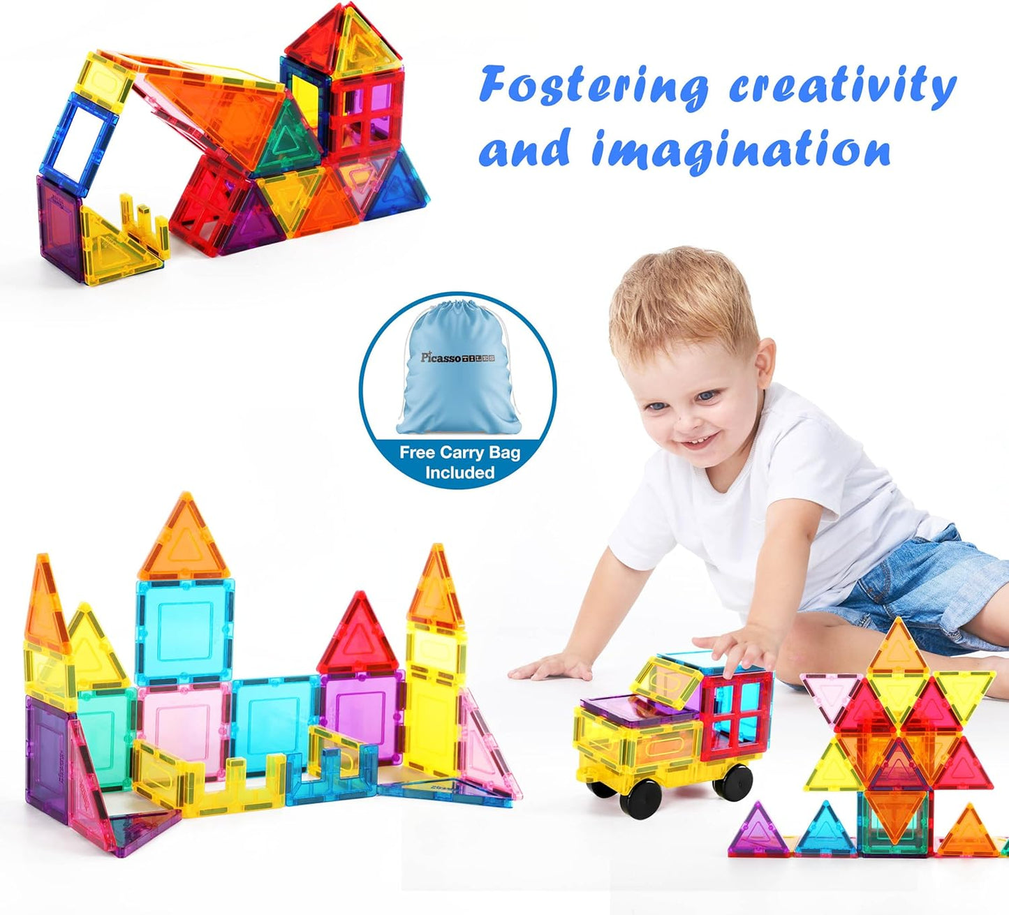 PicassoTiles Magnet Tile Building Blocks with Car Base Drawstring Storage Travel Bag Carry Case Magnetic Tiles Construction Toy STEM Learning Educational Kit Sensory Playset Preschool Kids 3+ PC61