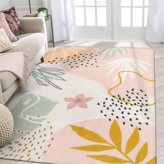 Lahome Pink Carpet for Living Room - 4x6 Area Rug for Bedroom Washable Non-Slip Boho Rug Throw Cute Soft Nursery Kids Rug, Abstract Botanical Print Indoor Rugs for Kitchen Entryway Laundry Dining Room