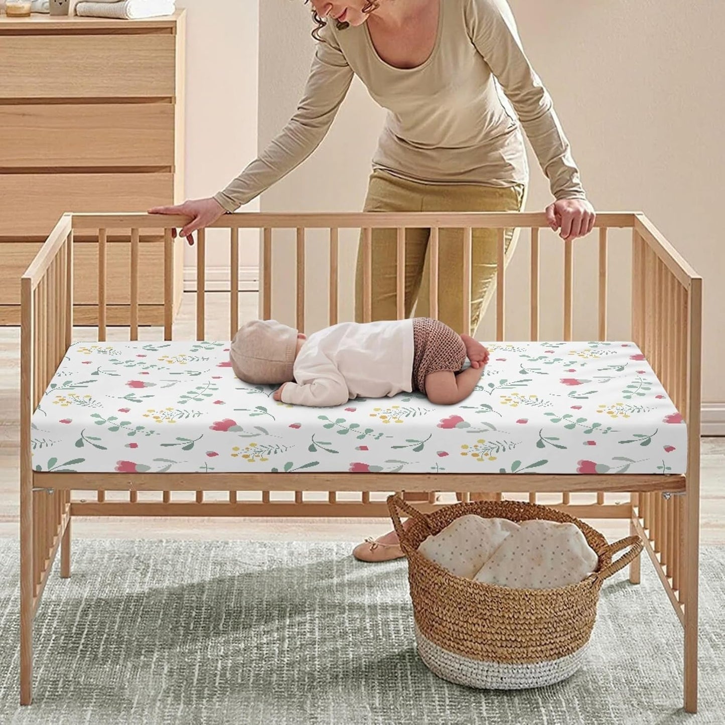 Floral Pattern Flowers and Leaves Fitted Crib Sheet Tulip Flower Baby Crib Sheet Fit Standard Crib and Toddler Mattress,Crib Mattress Sheets for Boys Girls 28"x52"