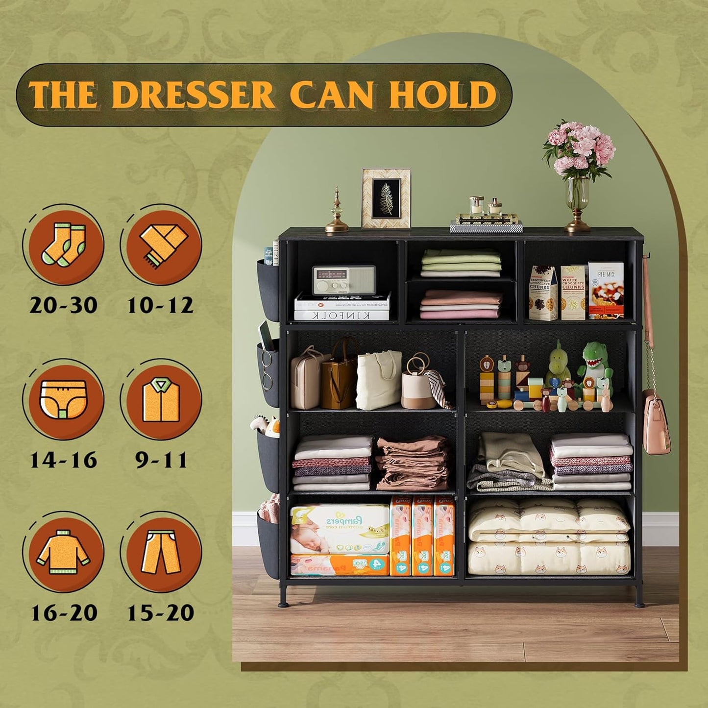 WLIVE Dresser for Bedroom with 10 Drawers, Fabric Dresser Chest of Drawers with Side Pockets and Hooks, Sturdy Metal Frame, Drawers Organizer Unit for Room, Hallway, Charcoal Black Wood Grain Print