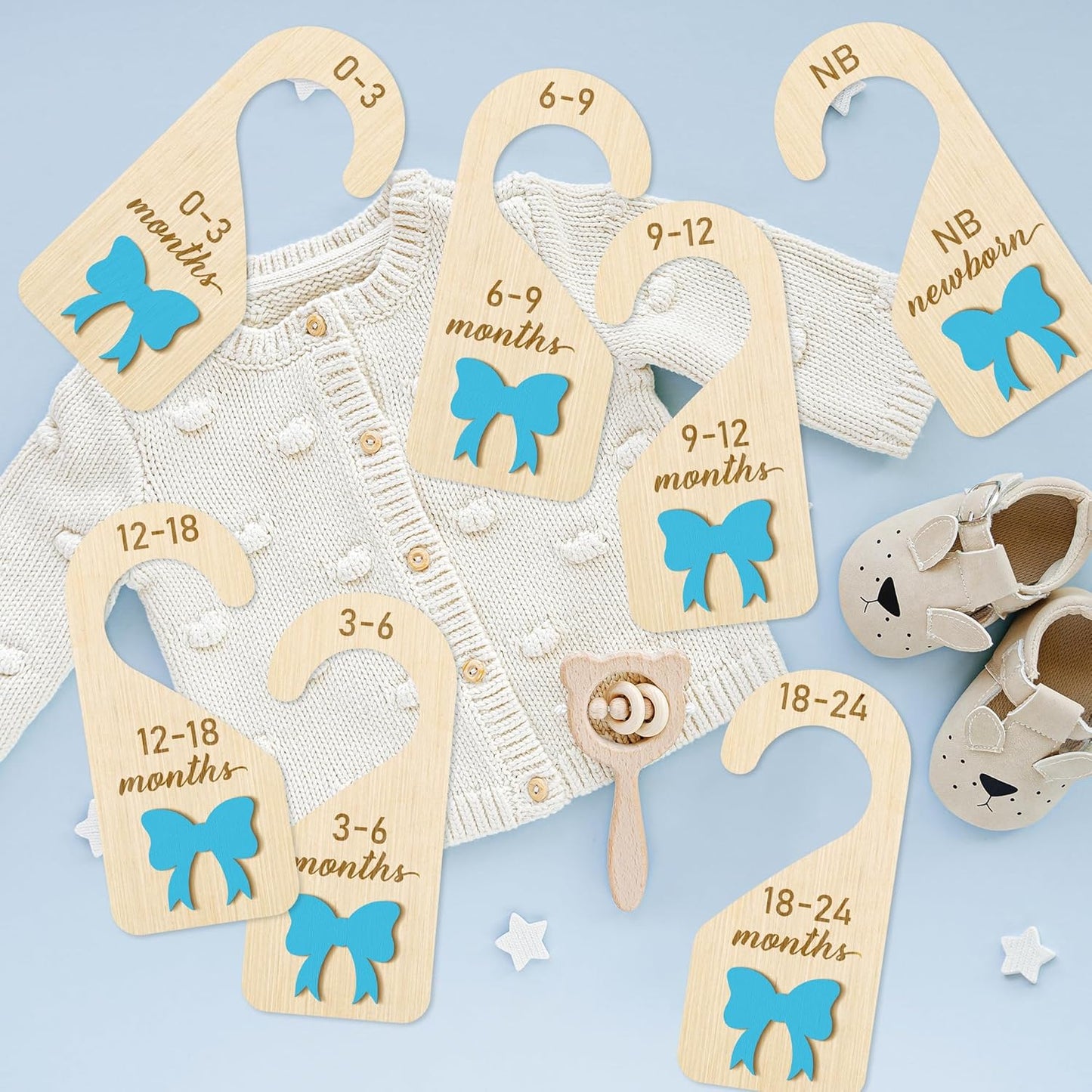 R HORSE Wooden Baby Closet Dividers - 3D Coquette Blue Bow Baby Closet Organizer, 8Pcs Double-Sided Newborn Clothes Size Hanger Dividers, Nursery Decor Birthday Gift for Boy Girl (0-24 Months)
