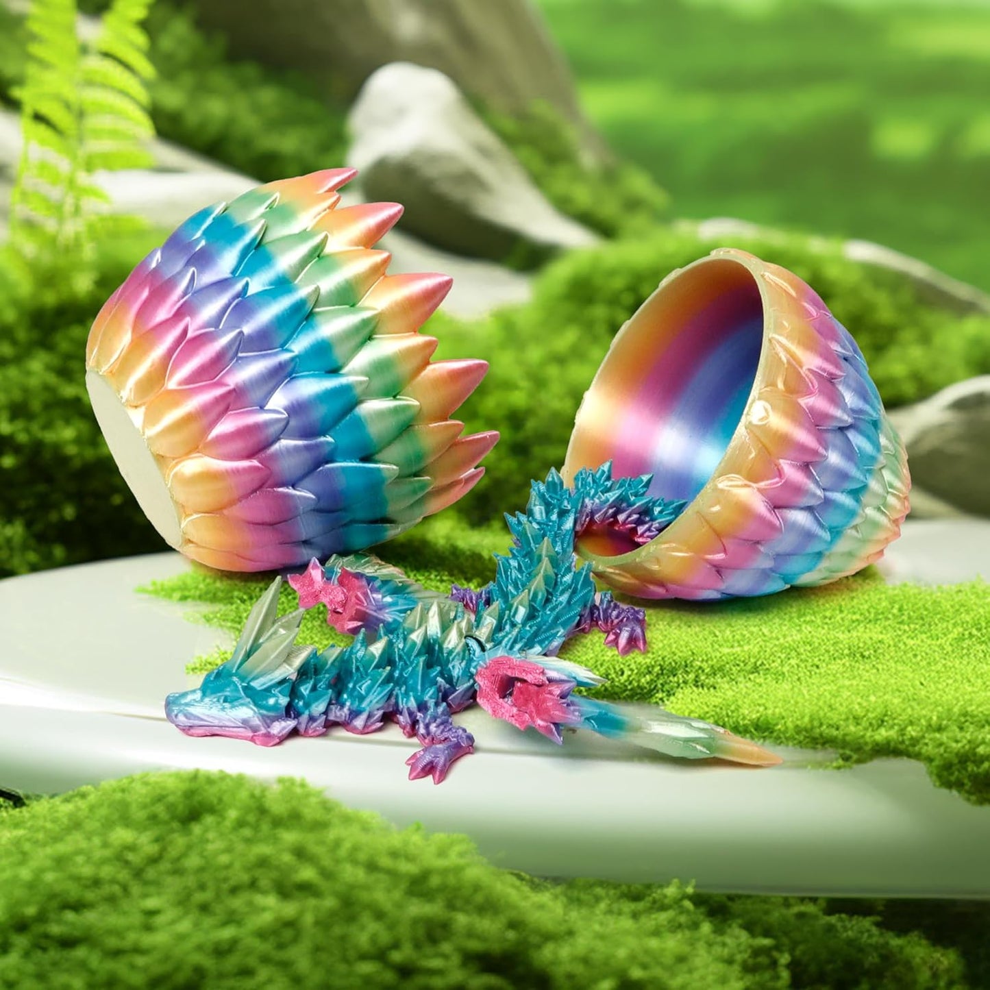3D Printed Dragon Egg, Rainbow Flying Dragon in Colorful Eggs, Fidget Toy for Birthday Gift, Flexible Desk Figure Decor (Rainbow)