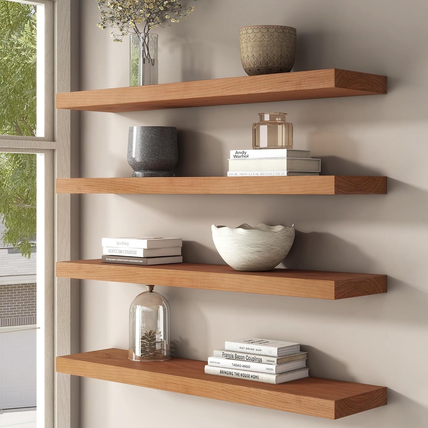 Floating Shelves for Wall, USA-Sourced Cherry Wood 55 Inch Long Wall Shelves, Natural Wooden Wall Mounted Picture Ledge Shelf, Nursery Book Storage Shelf Kids Bookshelf, Display Shelf for Bathroom