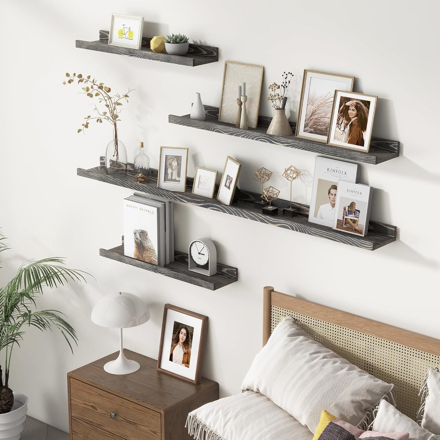 Picture Ledge Wall Shelves 16 inches Width Set of 3, Solid Pine Wood Rustic Floating Ledge Shelves for Wall for Kids' Room Bedroom Kitchen Bathroom Living Room Nursery Display Decor, Grey