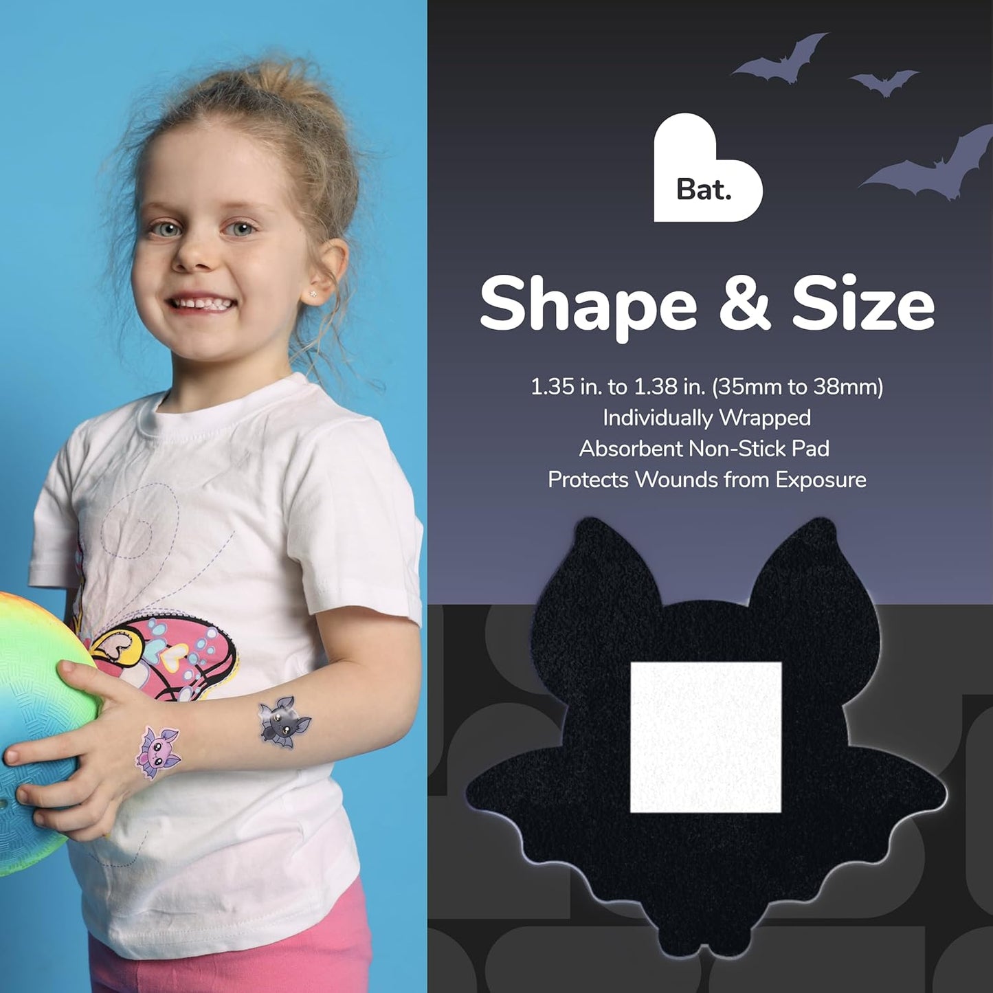 BioSwiss Bandages, Halloween Bat Shaped Self Adhesive Bandage, Latex Free Sterile Wound Care, Fun First Aid Kit Supplies for Kids, 24 Count