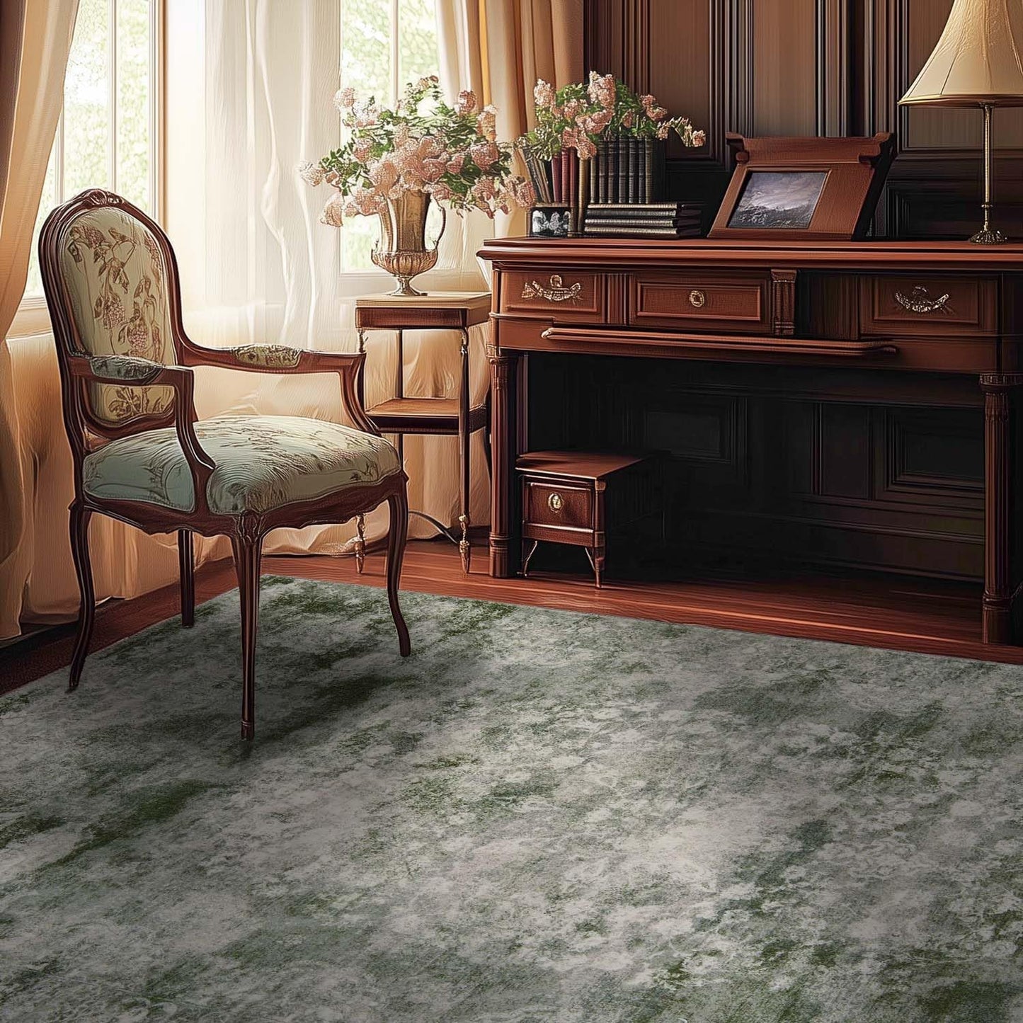 jinchan Washable Area Rug 8x10 for Living Room - Soft Faux Wool Ultra-Thin Stain Resistant Non-Slip Distressed Vintage Floral Large Carpet for Bedroom,Dining Room,Home Office,Nursery(Green, 8'x10')
