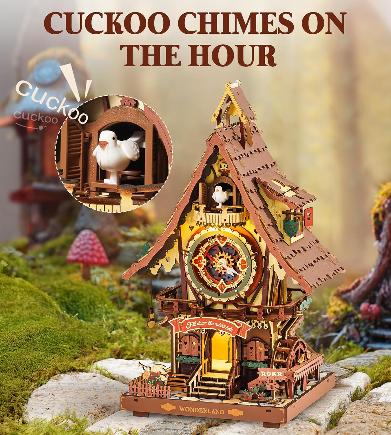 ROKR Cuckoo Clock Mechanical 3D Wooden Puzzle Kit for Adults, DIY Wooden Clock Model Building Set, Unique Home Decor Gift for Women Men