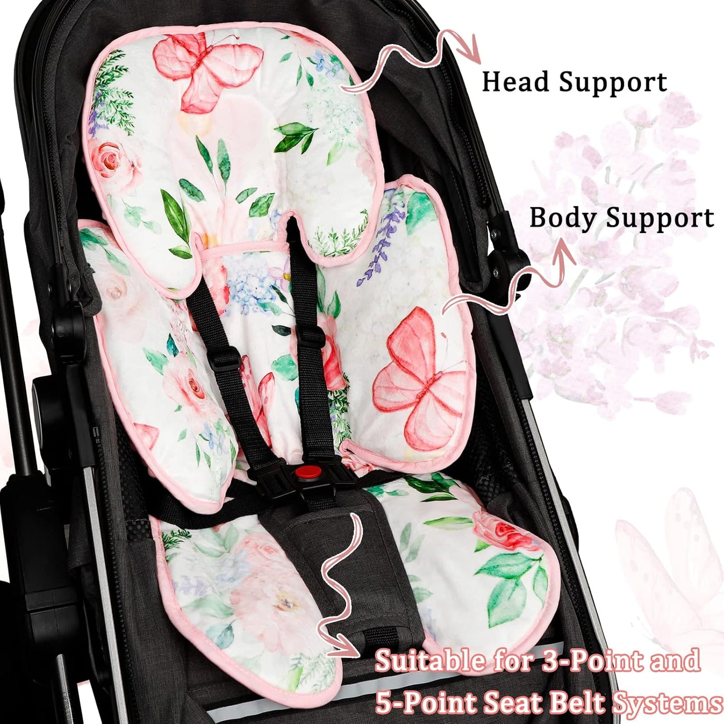 2 in 1 Infant Car Seat Insert, Adjustable Car Seat Head Support Baby Girls Boys, Soft Newborn Carseat Insert Cushion, Perfect for Carseats, Strollers, Swings (Pink Flower)