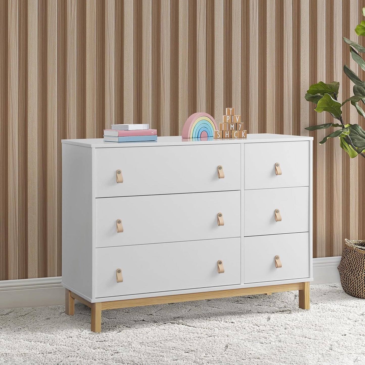 GAP babyGap Legacy 6 Drawer Dresser with Leather Pulls and Interlocking Drawers - Greenguard Gold Certified, Bianca White/Natural