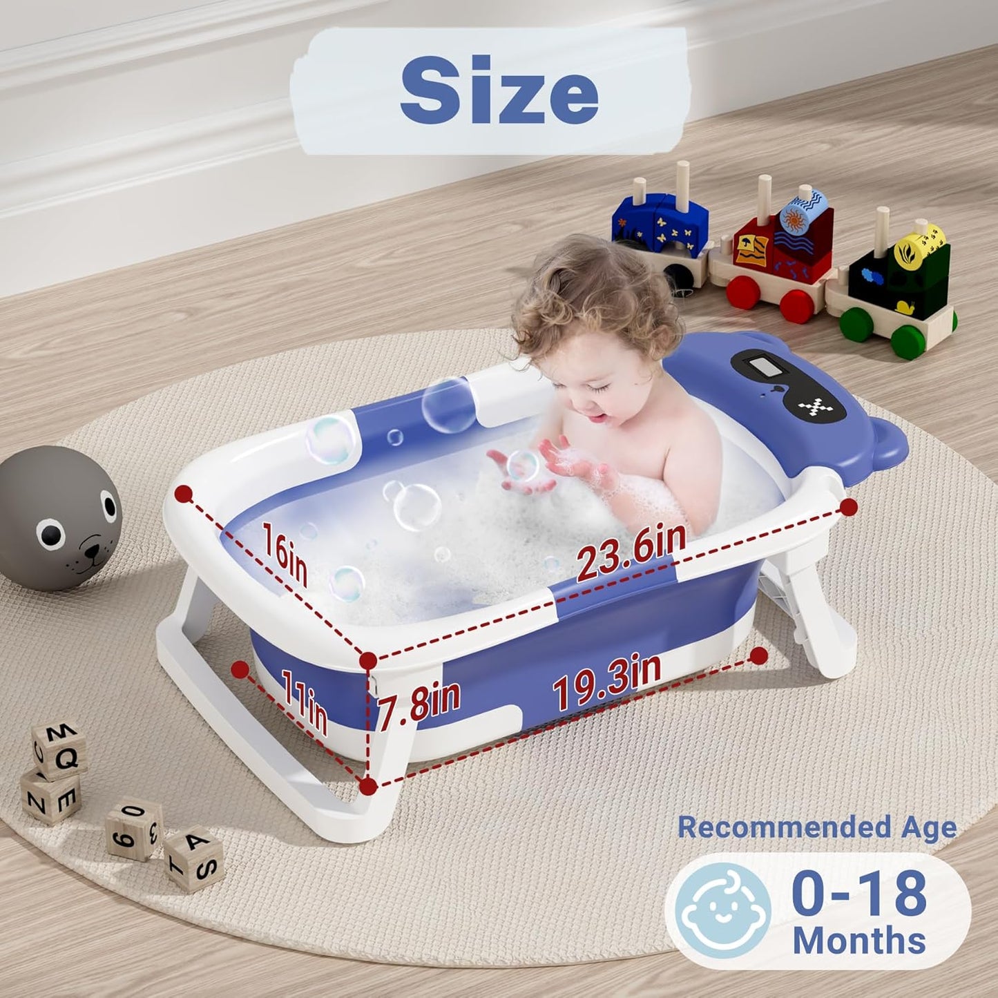 AVIDOR Baby Bathtub,Collapsible Bathtub for Newborn to Toddler,Durable Essential Infant Bath Tub,Portable Travel Baby Bathtub with Soft Cushion,No-Slip Hanging and Detachable Bathtub(Navy Blue)