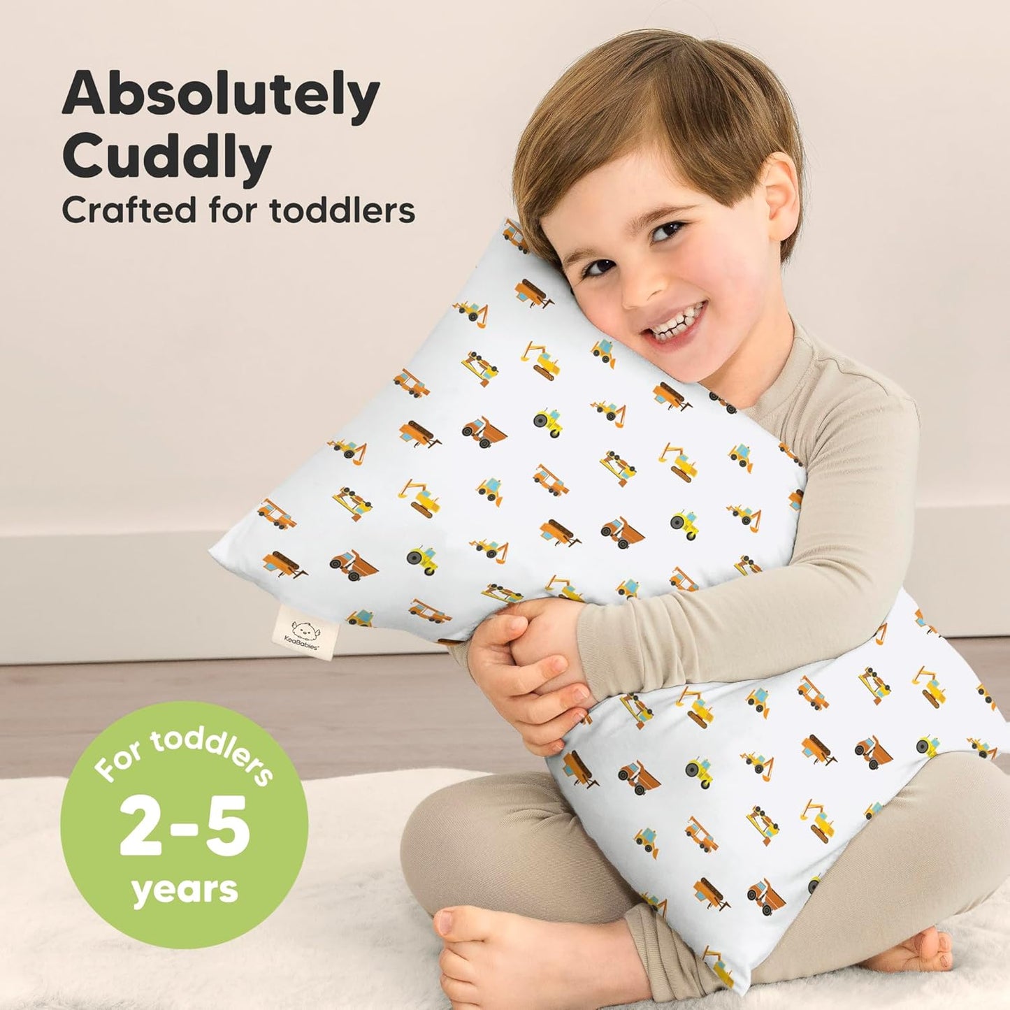 Toddler Pillow with Pillowcase - 13x18 My Little Cuddly Pillow, Viscose Derived From Bamboo Nursery Toddler Pillows for Sleeping,Kids Pillow,Small Travel Pillows,Mini Toddler Bed Pillow (Construction)