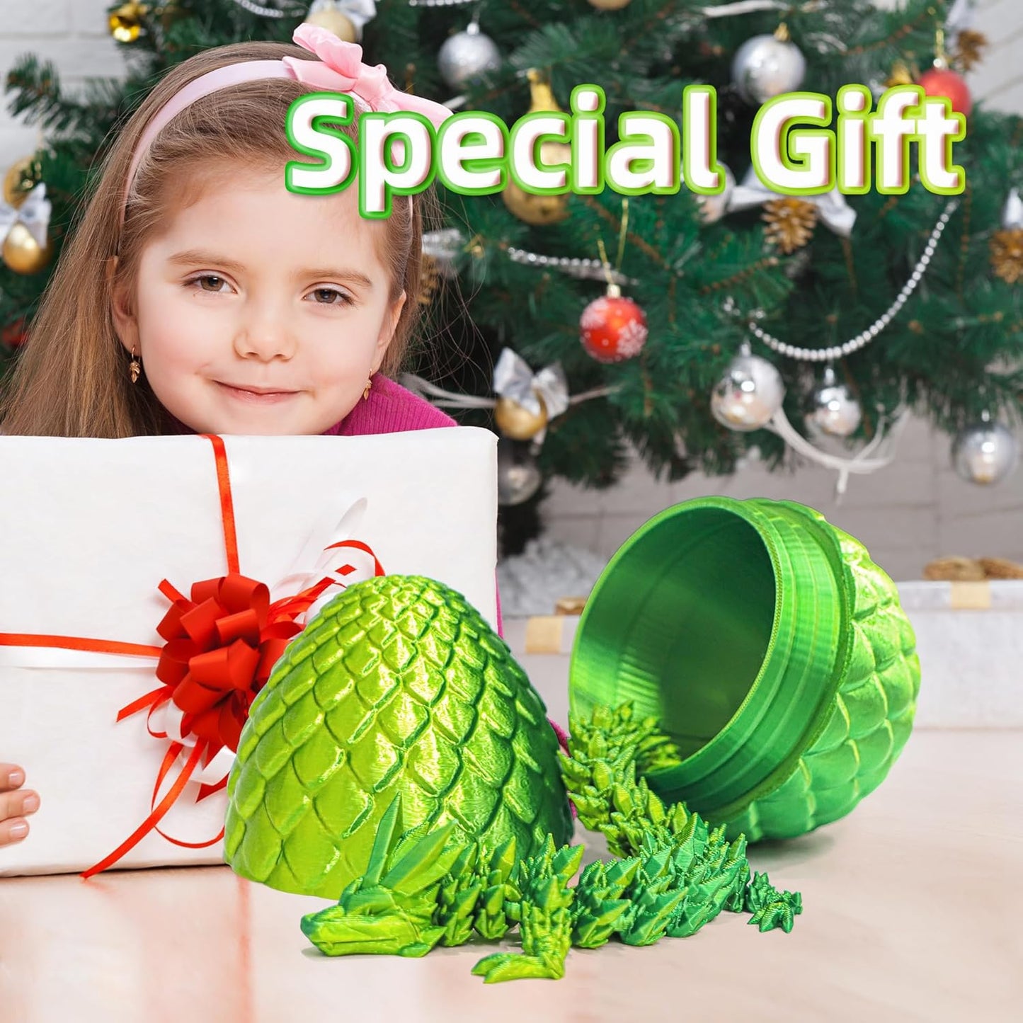 Dragon Egg - 3D Printed Egg with Flexible Pearly Sheen Dragon Inside, 3D Printed Surprise Gift, Articulated Dragon Egg Fidget Toy, Figurine Decor (12” Dragon Gold Mix Green)