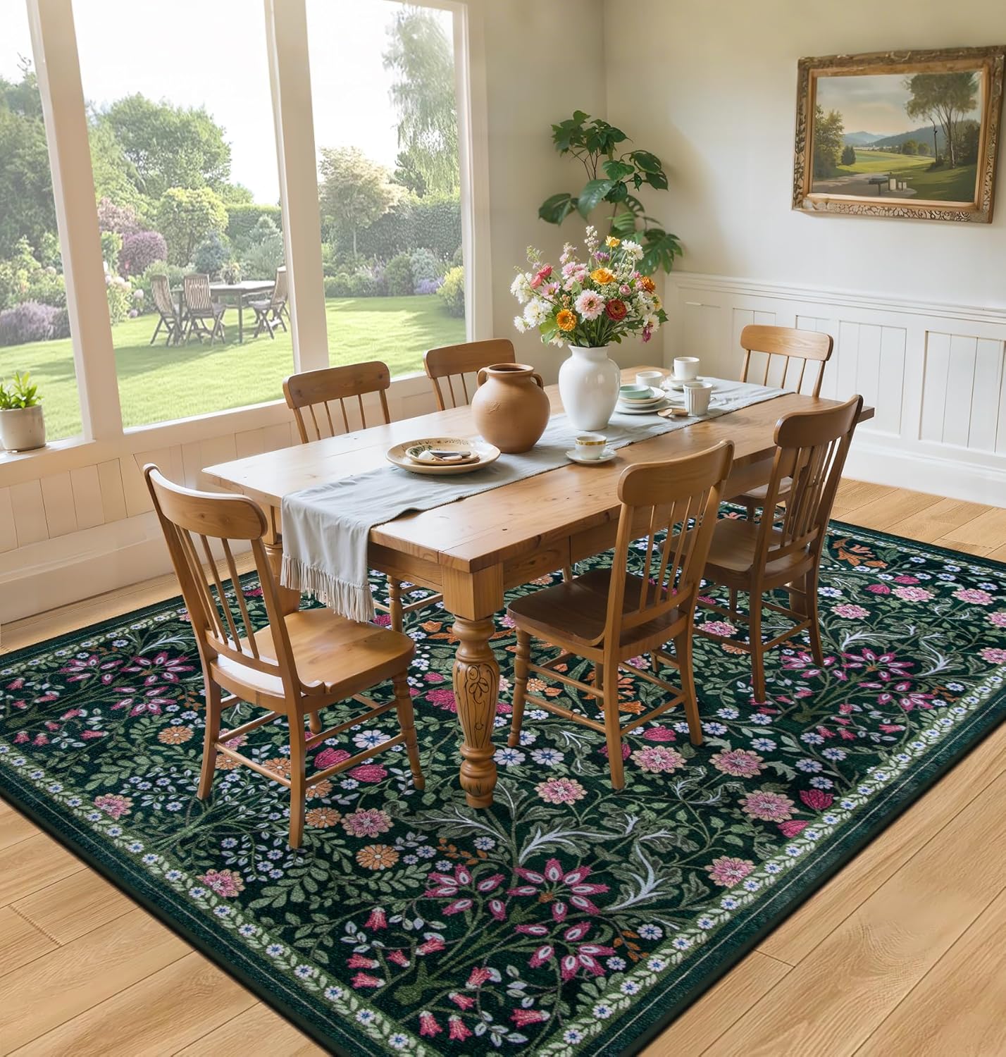 Area Rugs 9x12 Living Room: Floral Washable Rug Vintage Large Soft Boho Non-Slip Carpet Indoor Floor Stain Resistant Low Pile Carpets for Bedroom Dining Room Farmhouse Nursery Home Office Dark Green