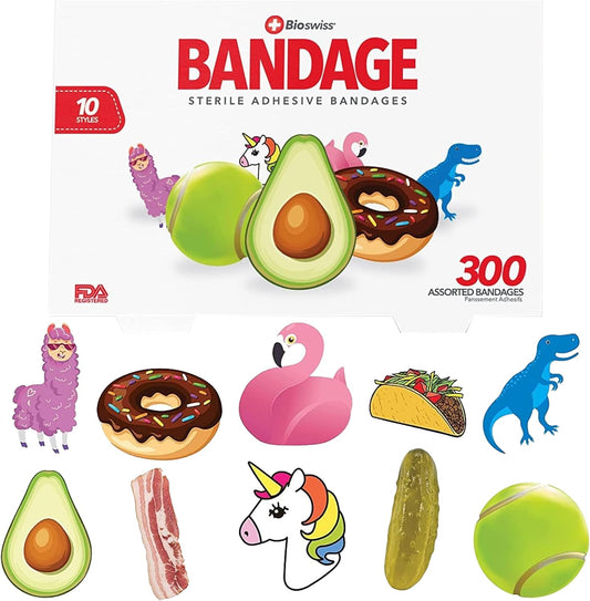 BioSwiss Bandages, Assorted Animal, Fun, and Food Shaped Self Adhesive Bandage, Latex Free Sterile Wound Care, 300 Count