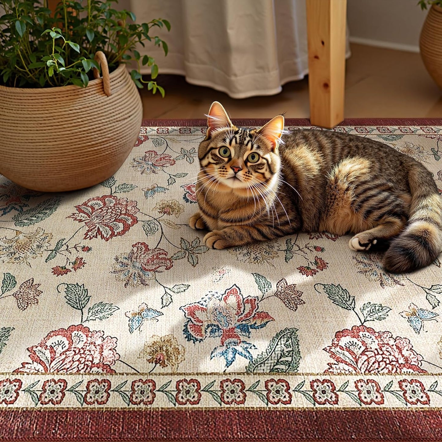 jinchan 2x3 Floral Rug for Entryway Washable Kitchen Rug Vintage Romance Design Small Mat Non Slip Indoor Doormat Lightweight Low-Profile Throw Carpet for Entrance Bathroom Laundry Room, Red/Beige