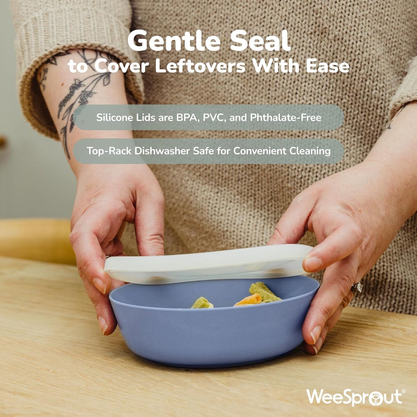 WeeSprout Bamboo Kids Bowls with Lids, Set of Four 10 oz Kid-Sized Dinnerware, Cereal, Leftovers & Snack Bowl, Dishwasher Safe (Pink, Green, Gray, & Beige)