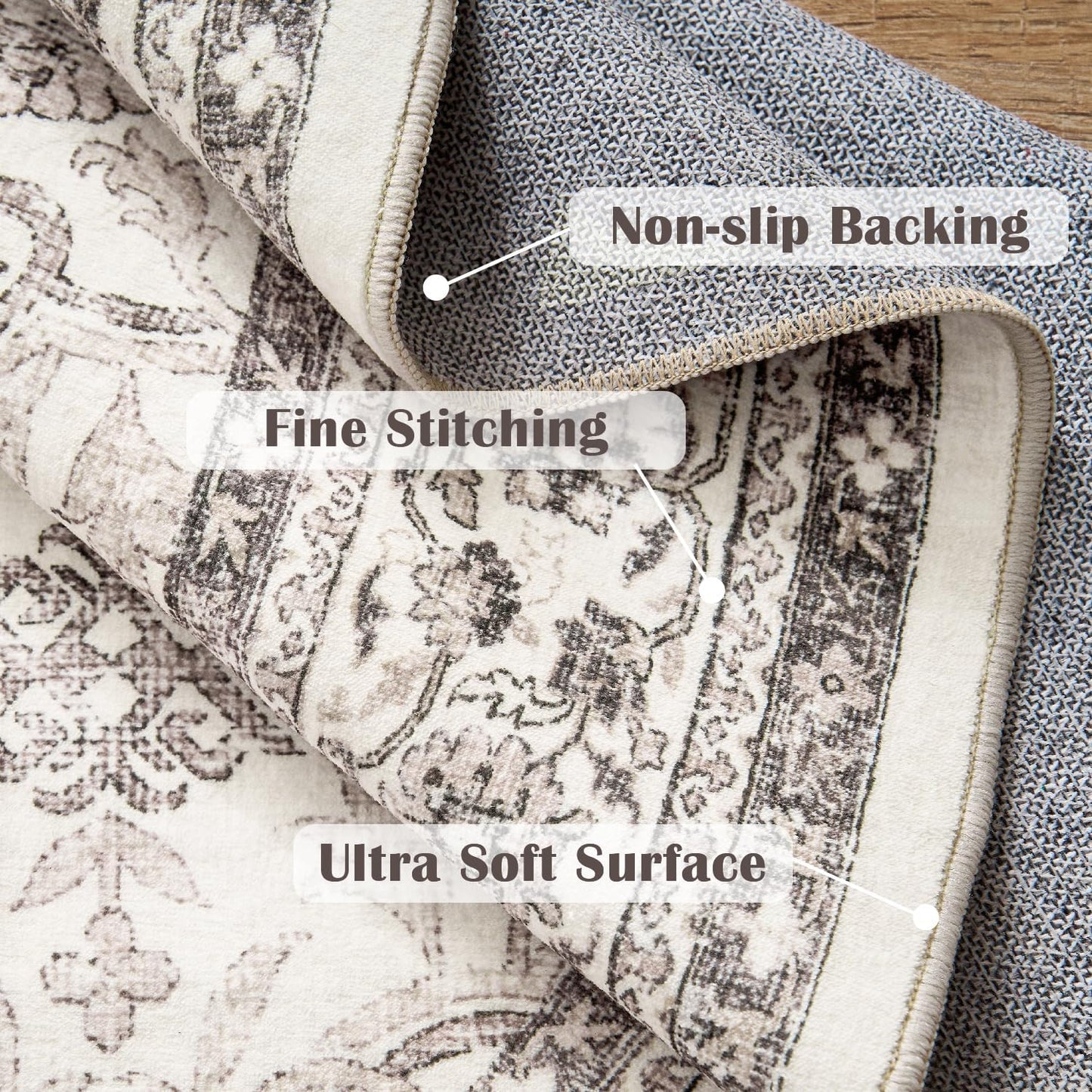 jinchan Round Rug 7ft Washable Circle Soft Rug - Low Pile Vintage 7'Round Indoor Beige Floral Print Stain Resistant Boho Carpet Ultra-Thin Non-Slip for Living Room Bedroom Dining Room Kitchen