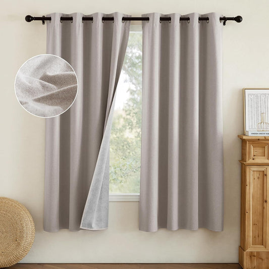 NICETOWN Natural Bedroom Full Blackout Faux Linen Curtain Panels Set of 2, 52" by 72", Thick Insulated Classic Grommet Blackout Draperies with White Thermal Insulated Liner for Windows