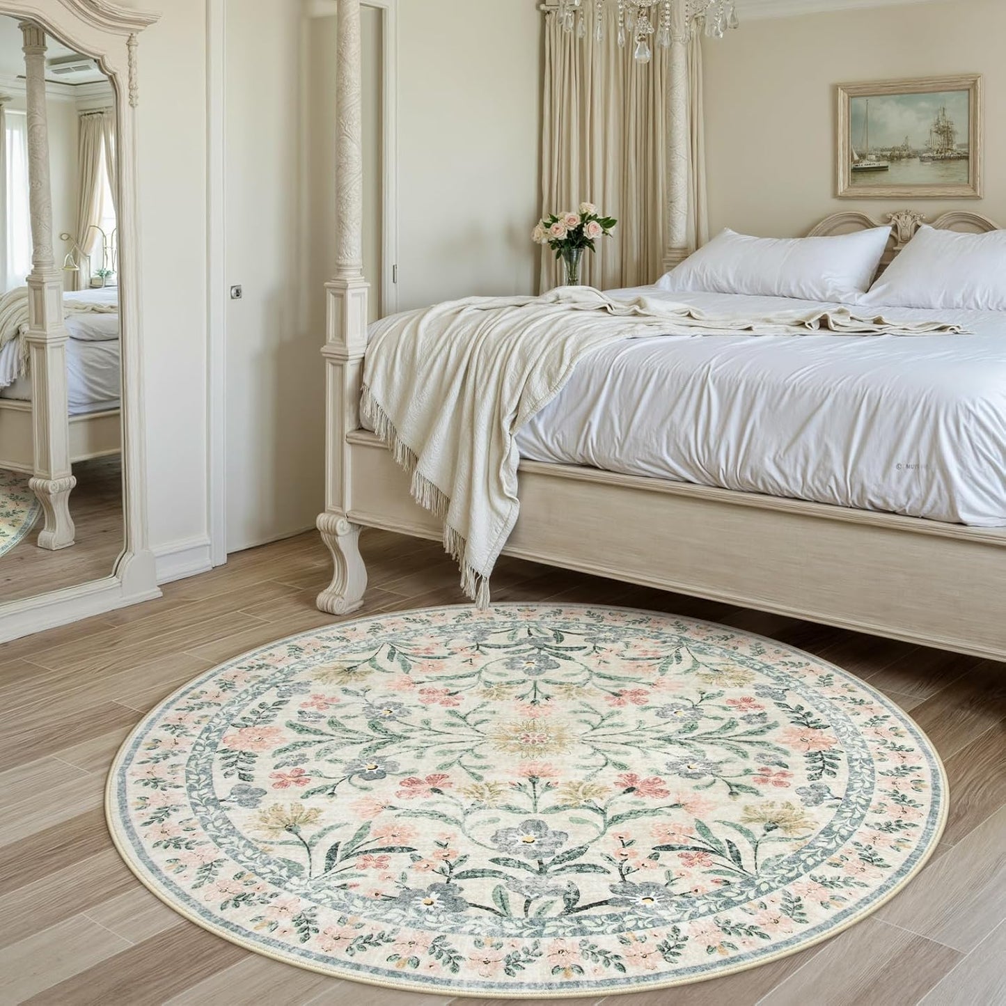 Wonnitar Floral Round Rugs 6ft, Boho Large Machine Washable Circle Rug, Low Pile Soft Flower Botanical Print Beige Round Carpet for Living Room Bedroom Dorm Sunroom