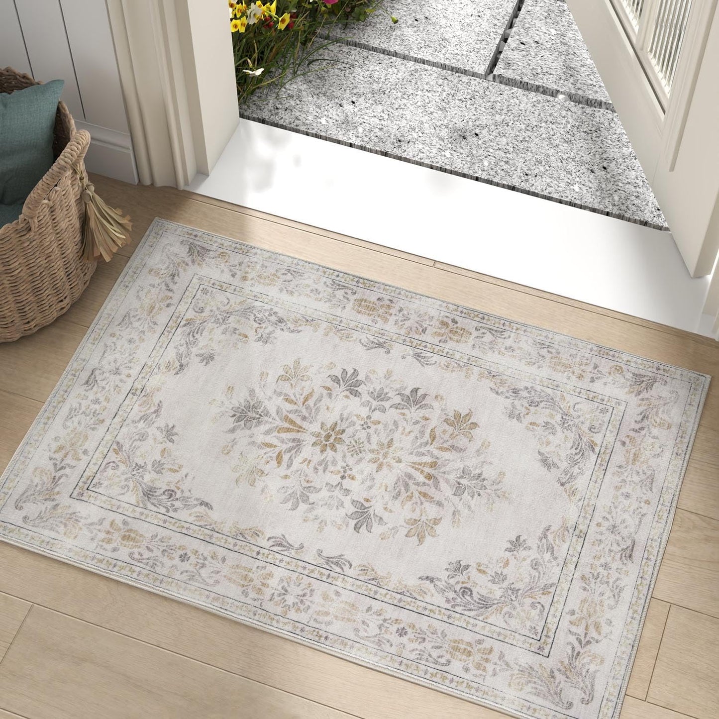 jinchan Floral 2x3 Rug for Entryway - Vintage Washable Area Rug Ultra-Thin Low Pile Soft Small Non Slip Distressed Indoor Door mat Accent for Entrance Kitchen Bedroom Bathroom (2x3ft,Light Grey)