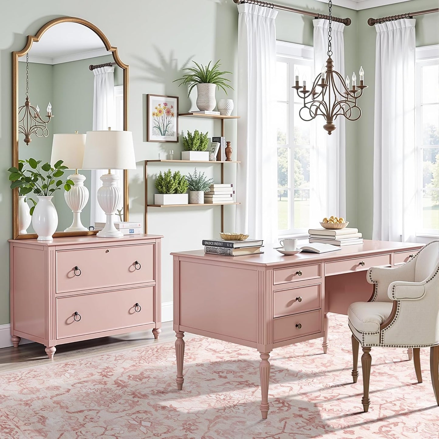 Deerly Pink Area Rugs 9x12 for Living Room Soft Non-Slip, Large Bedroom Rug Vintage Dining Room Rug Tribal Farmhouse Carpet for Dining Room Office Green