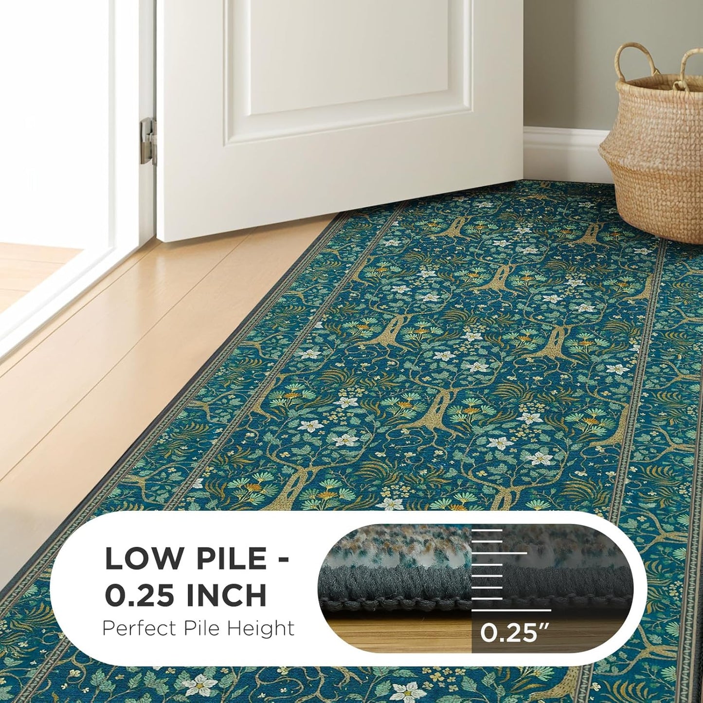 Joydeco Washable Area Rugs 5x7, Boho Floral Dining Room Rug Non Slip, Soft Low-Pile Botanical Forest Indoor Floor Throw Carpet for Living Home Office Playroom Foyer, Dark Blue