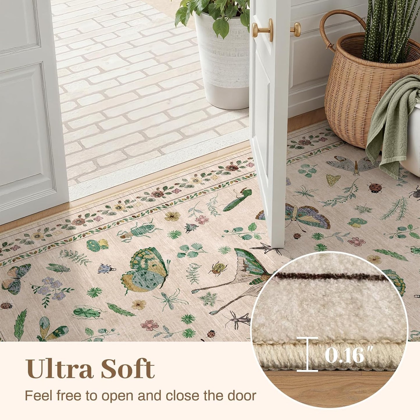 4ft Washable Round Rug - Bug Rugs for Living Room Non-Slip Low Pile Soft Ultra-Thin Machine Washable Circle Carpet for Bedroom, Entryway, Nursery, Kitchen, Home Office (4' Round Beige)