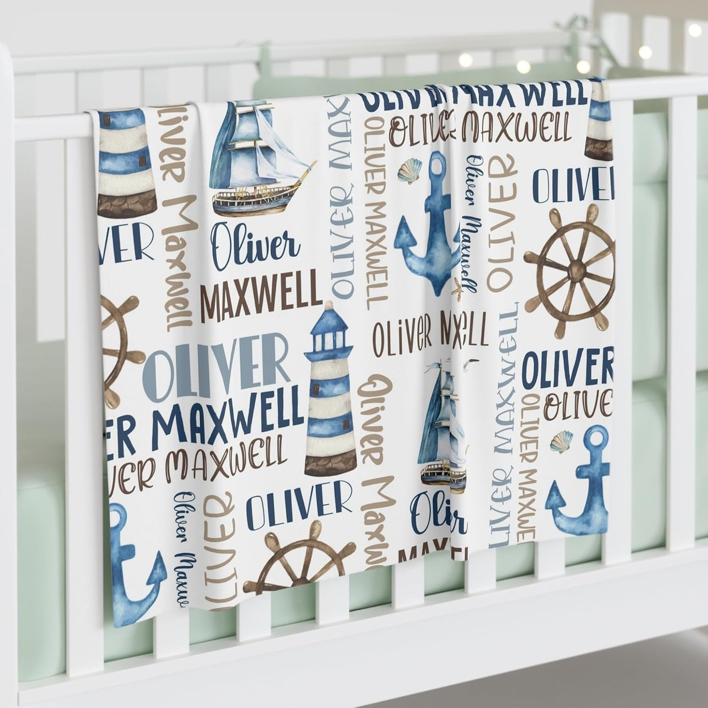 Personalized Baby Blanket for Boys, Custom Baby Blanket with Name, Nautical Blanket Sailboat Anchor Baby Blanket, Nautical Swaddle Blanket for Toddlers Kids Newborn