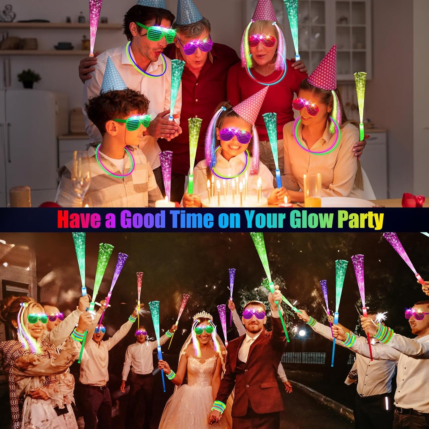 148 PCS Glow in the Dark Party Supplies, 16 PCS Glow Fiber Optic Wands, 14 PCS LED Glasses, 100 PCS Glow Sticks and 18 PCS LED Hair Clips Fiber Optic for Glow Party, Wedding, Concert, Birthday