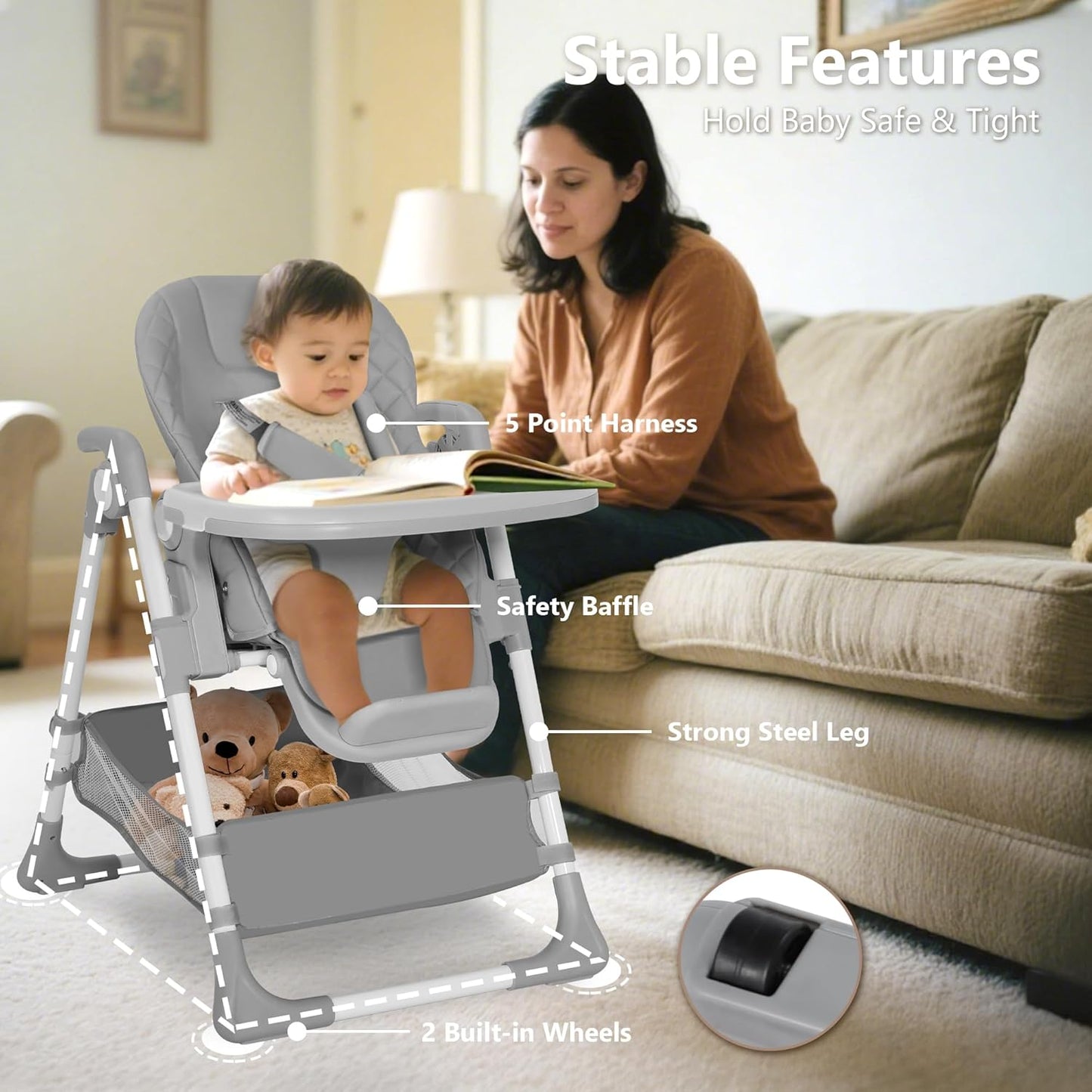 Kinder King Convertible Baby High Chair, Adjustable Feeding Chair for Babies and Toddlers with Removable Double Tray, Simple Compact Fold for Space-Saving, 2 Built-in Wheels, Easy to Clean, Gray