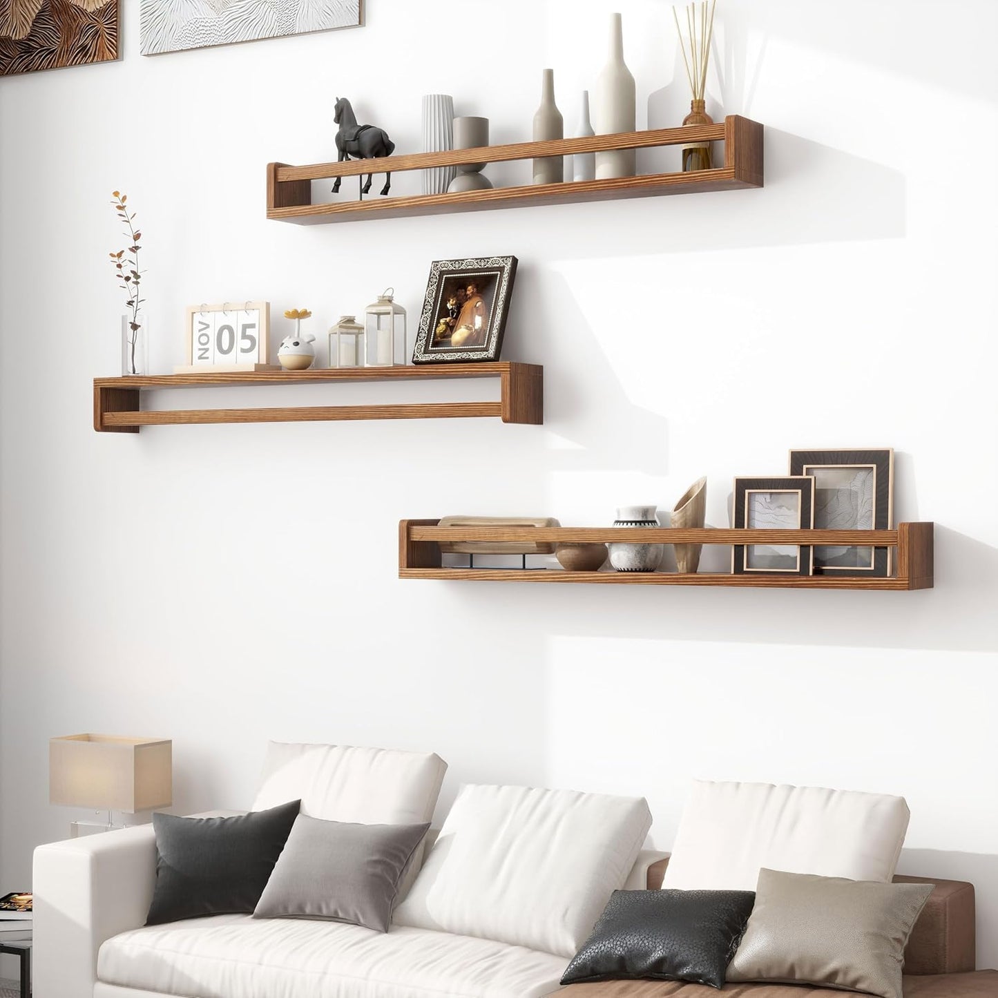 Fun Memories Nursery Book Shelves - Rustic Natural Solid Wood Floating Bookshelf for Kids - Wall Book Shelves for Kids Room (Carbonized, 32inch - 2P)