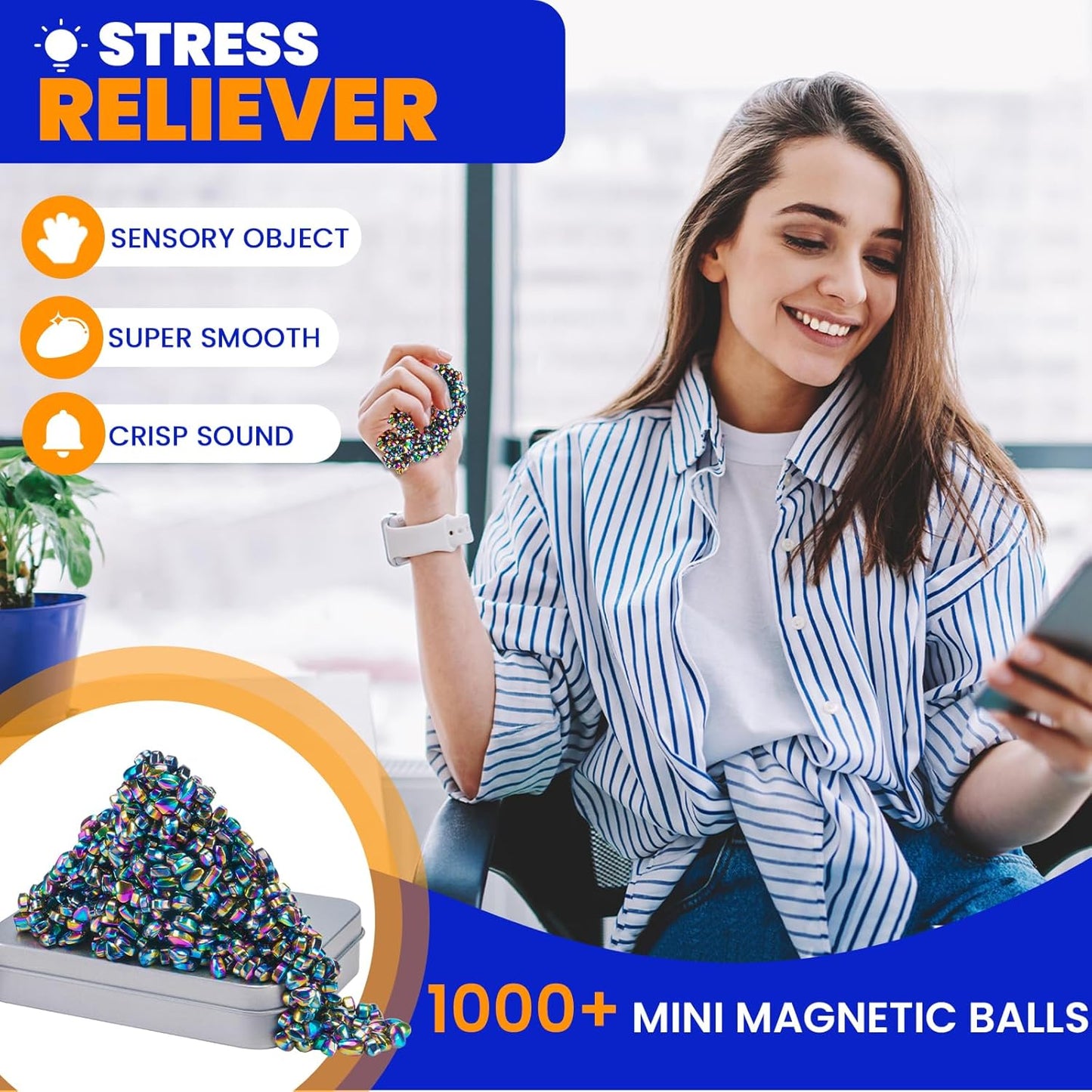 Magnetic Balls Over 1000 PCS Mini Rainbow Magnetic Putty, with 2 Big Smooth Magnetic Beads, Fidget Toys for Adult, Weak Ferrite Putty Desk Toys for Office (Colorful)