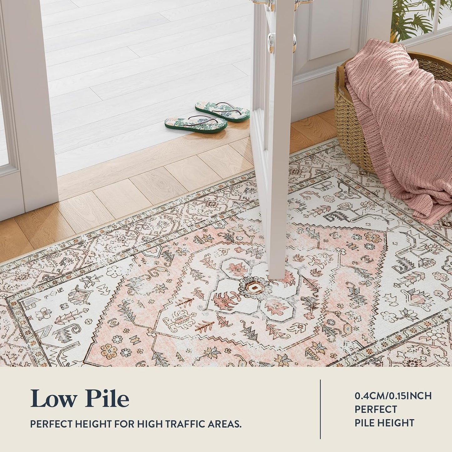 Lahome Boho Entryway Rugs Indoor - 2x3 Washable Area Rug Throw Small Rugs for Bedroom Girls Non-Slip Lightweight Bathroom, Vintage Print Floor Doormat Carpet for Kitchen Laundry Room (Pink, 2'x3')