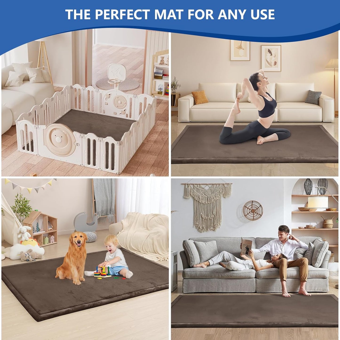 Baby Play Mat for Floor,1.3" Thick Memory foam Tummy Time Mat for Toddlers,Infants,kids,Water-Repellent Soft Nursery Rug ,79"×118" Extra Large Non Slip for Crawling&Yoga,Tatami Style for Living Room(Dark Brown)