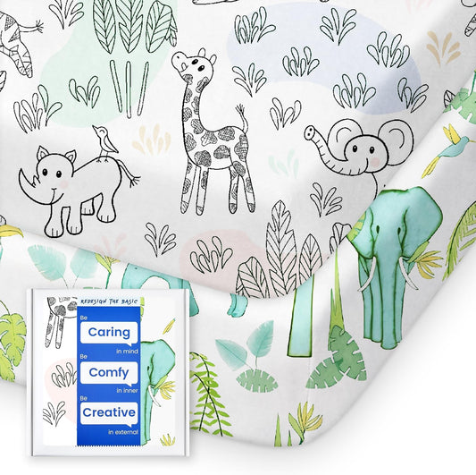 Mini Crib Sheets Boy Girl, Ultra Soft Pack N Play Sheets Fitted, Neutral Pack and Play Mattress Sheets, Premium Jersey Knit Portable Crib Sheets, Secure and Cute, Elephant & Cartoon Safari