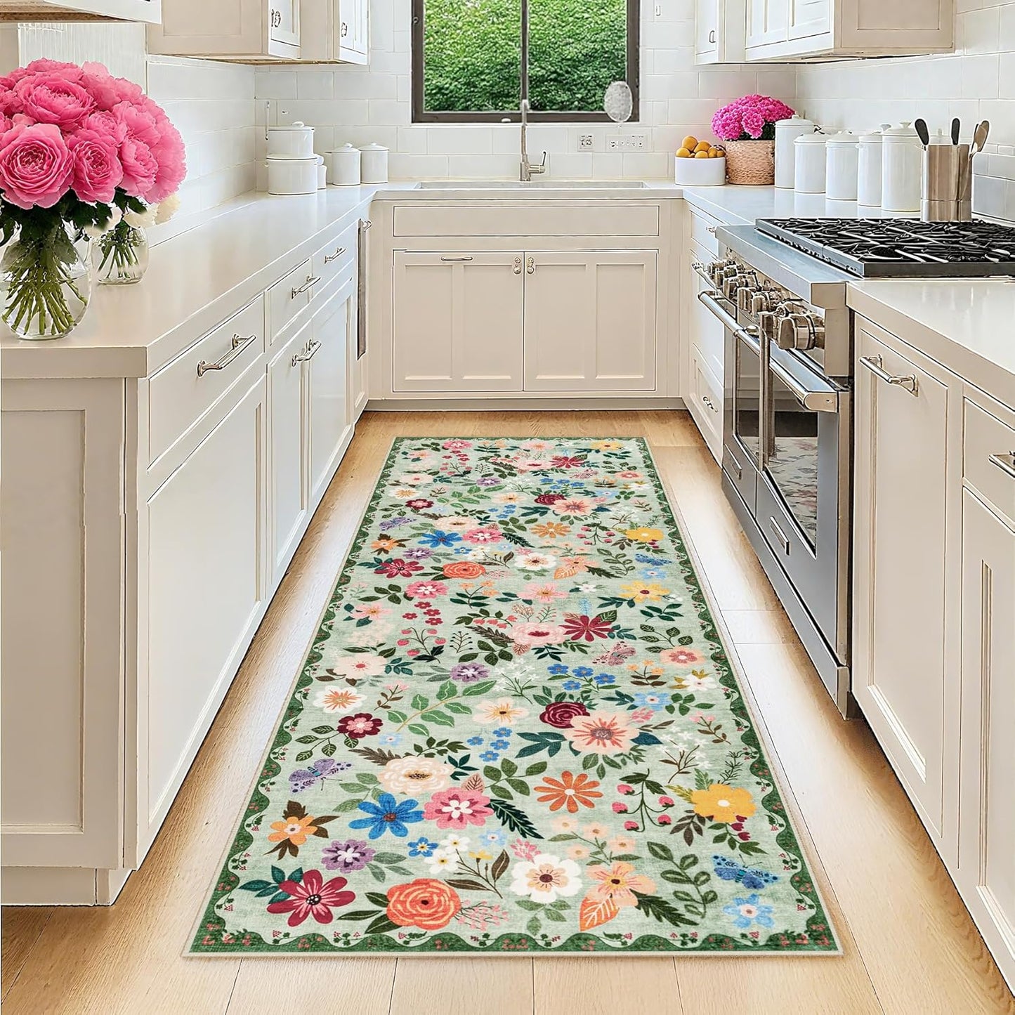 Runner Rug for Entryway: 2x10 Kitchen Rugs Non Slip Washable Ultra-Thin Soft Floral Carpet Indoor Floor Stain Resistant Carpets for Hallway Bedroom Kitchen Laundry Bathroom Dorm Green
