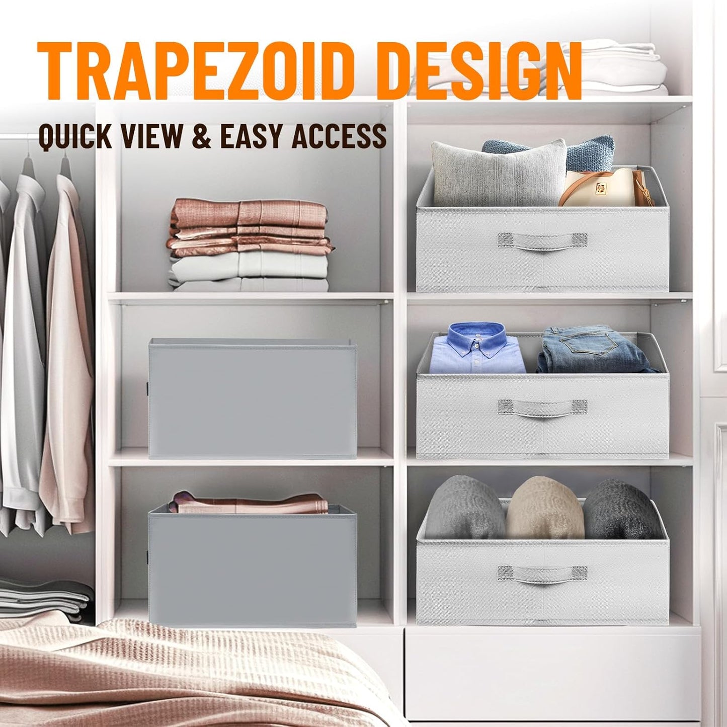 Criusia Closet Organizers Bins 6 Pack - Large Closet Shelf Organizer with Handles - Fabric Trapezoid Home Organization and Storage Baskets for Organizing Clothes Toy Blanket Towel Purse Hats