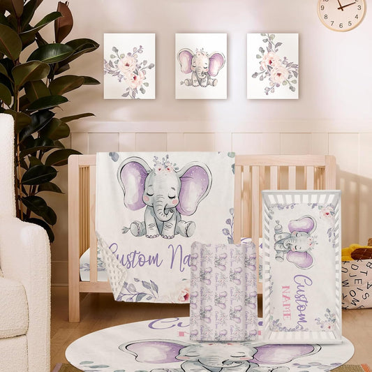 Personalized Baby Crib Bedding Set for Baby Girls, Light Purple Elephant Pattern Custom Name Baby Crib Sets 5-Pcs, Toddler Double Layer Blanket Fitted Sheets Changing Pad Cover Rug Wall Art Set