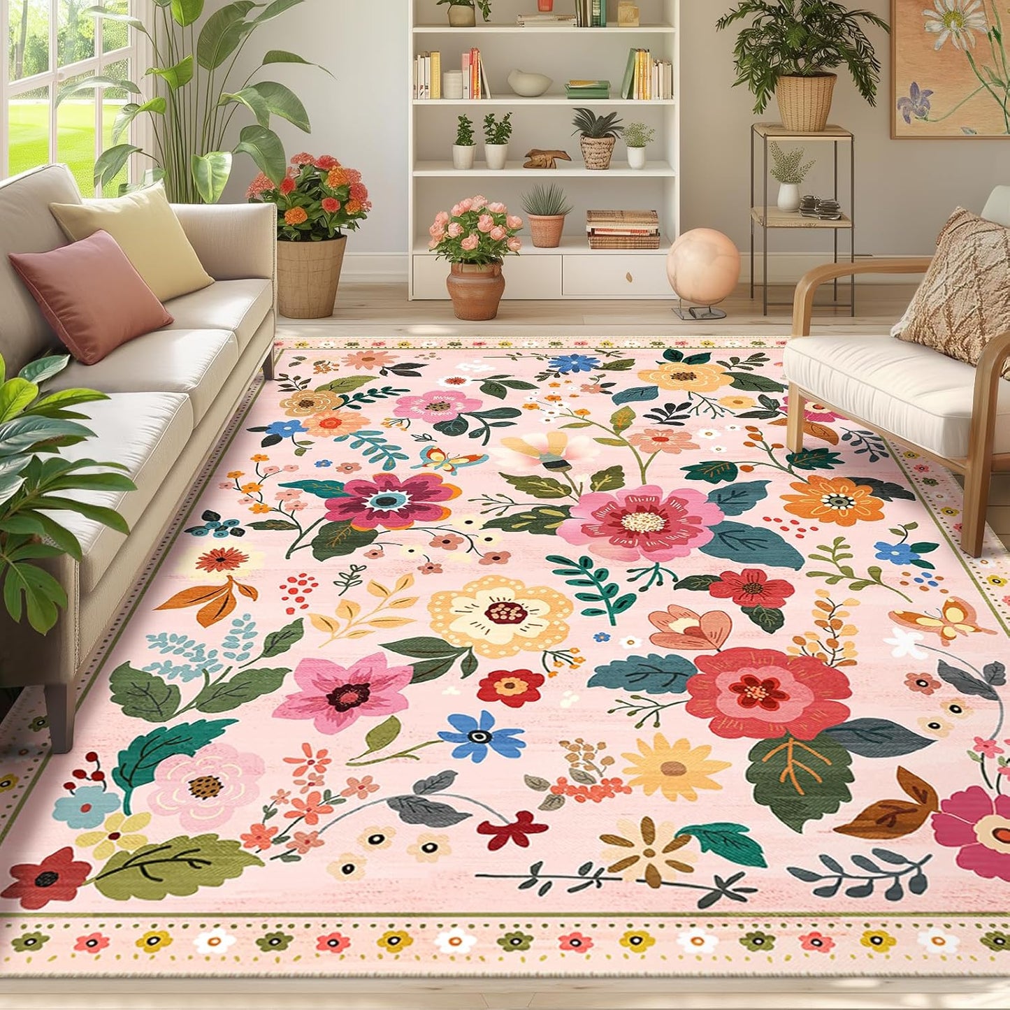 Floral 9x12 Area Rug Machine Washable Soft Print Boho Carpet Non Slip Doormat Low Pile Flower Area Rugs for Living Room Bedroom Nursery Kitchen Dining Room Indoor-Pink