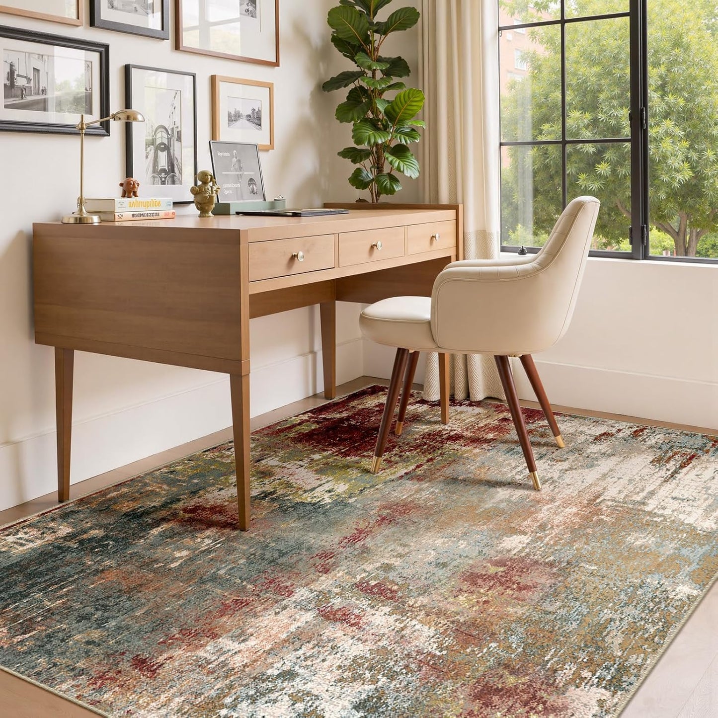 Washable Area Rugs 4'x6' Non-Slip Modern Abstract Soft for Living Room Entryway Bedroom Nursery, Print Pattern, Brown Rust Red Multi