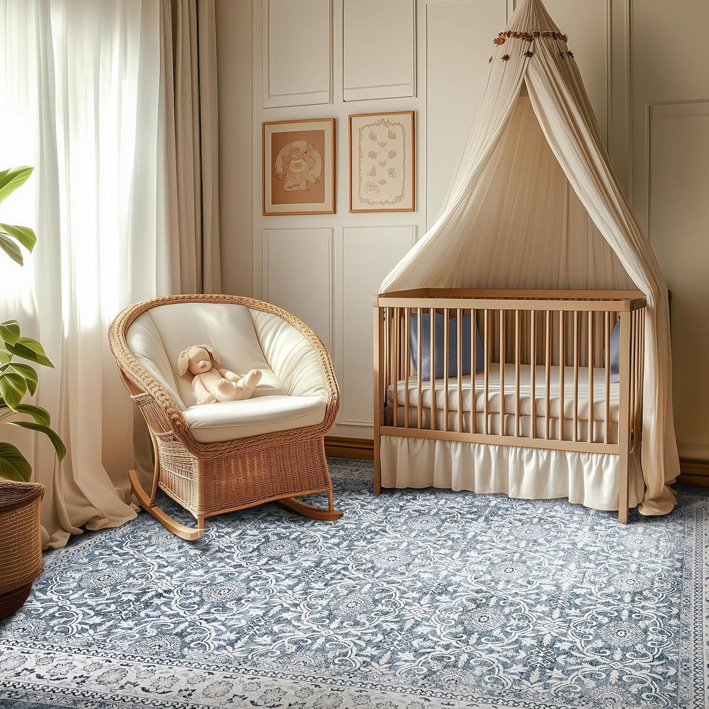 jinchan Floral 5x7 Area Rugs for Bedroom - Machine Washable Vintage Distressed Boho Design Throw Rug Stain Resistant Carpet Low-Pile Thin Non-Slip for Nursery Living Room Dining Room (5‘x7',Grey)