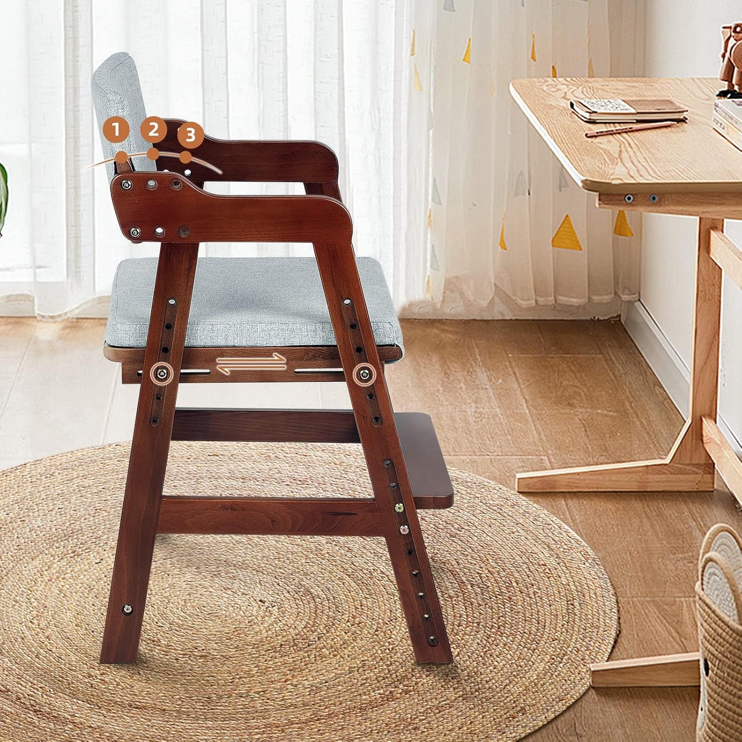 Ezebaby Wooden High Chair for Toddlers to Teens, Adjustable Kids Study & Dining Chair with Steps and Removable Cushion (Nut-Brown)