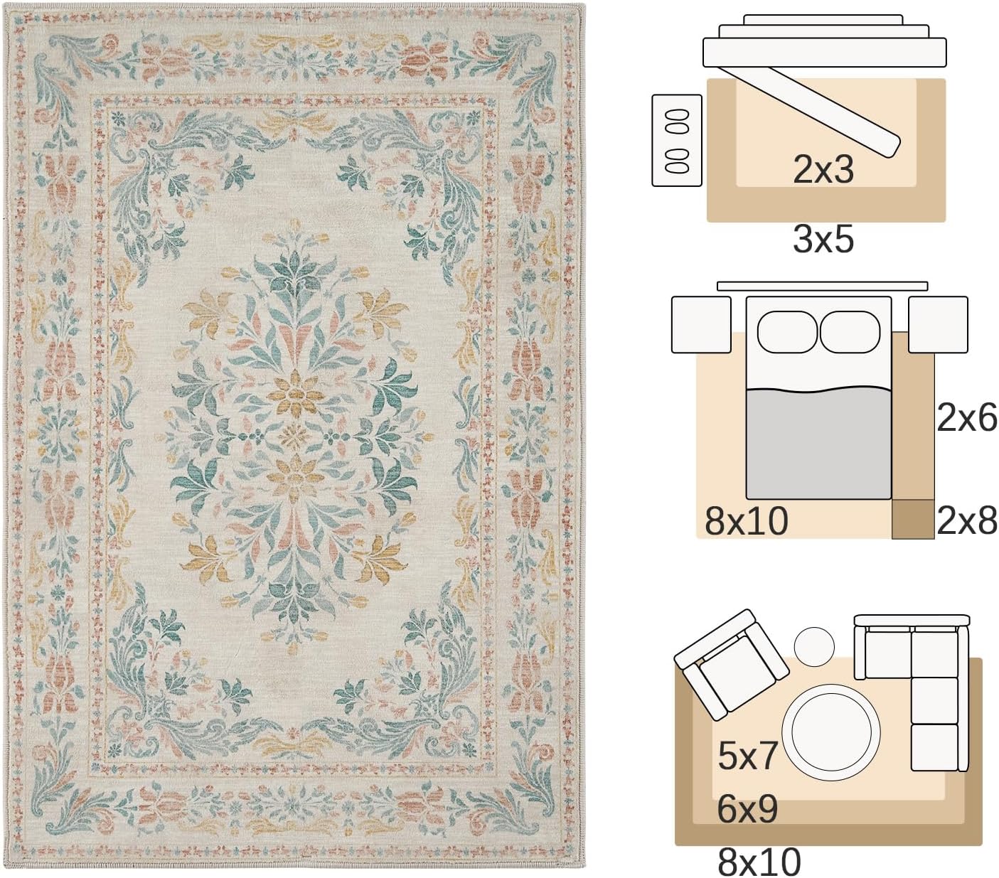 jinchan Vintage Floral Runner Rug 2x6 - Machine Washable Distressed Design Non-Slip Low-Pile Soft Thin Carpet for Hallway Kitchen Farmhouse Bedroom Entryway Laundry Room (2x6ft,Apricot Multi)