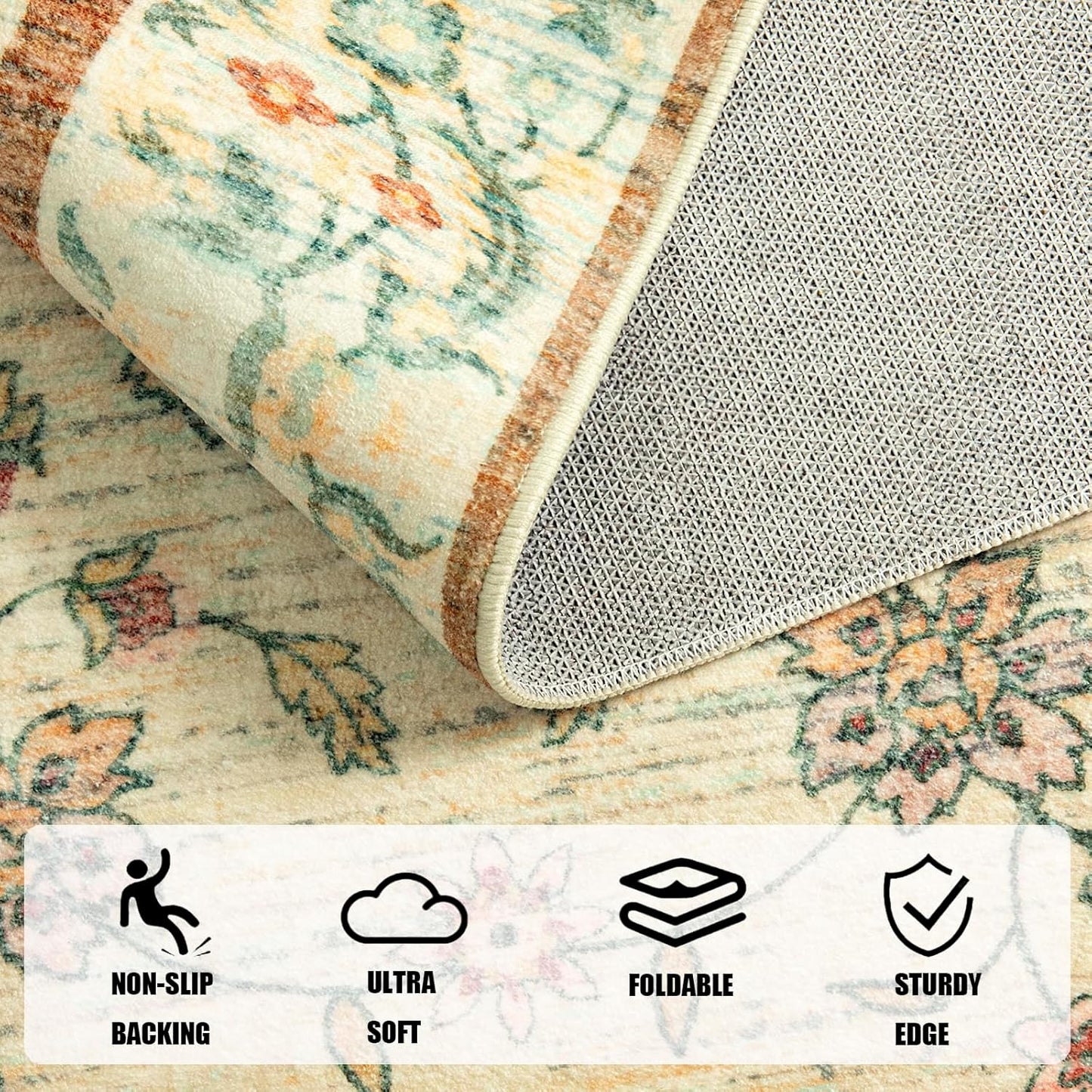 LOCHAS Washable Area Rugs 4x6, Beige Floral Rug for Living Room Bedroom Non Slip, Ultra Soft Vintage Indoor Carpet for Kids, Nursery, Dorm, Dining Room, Classroom, Boho Flower Home Decor, Low-Pile