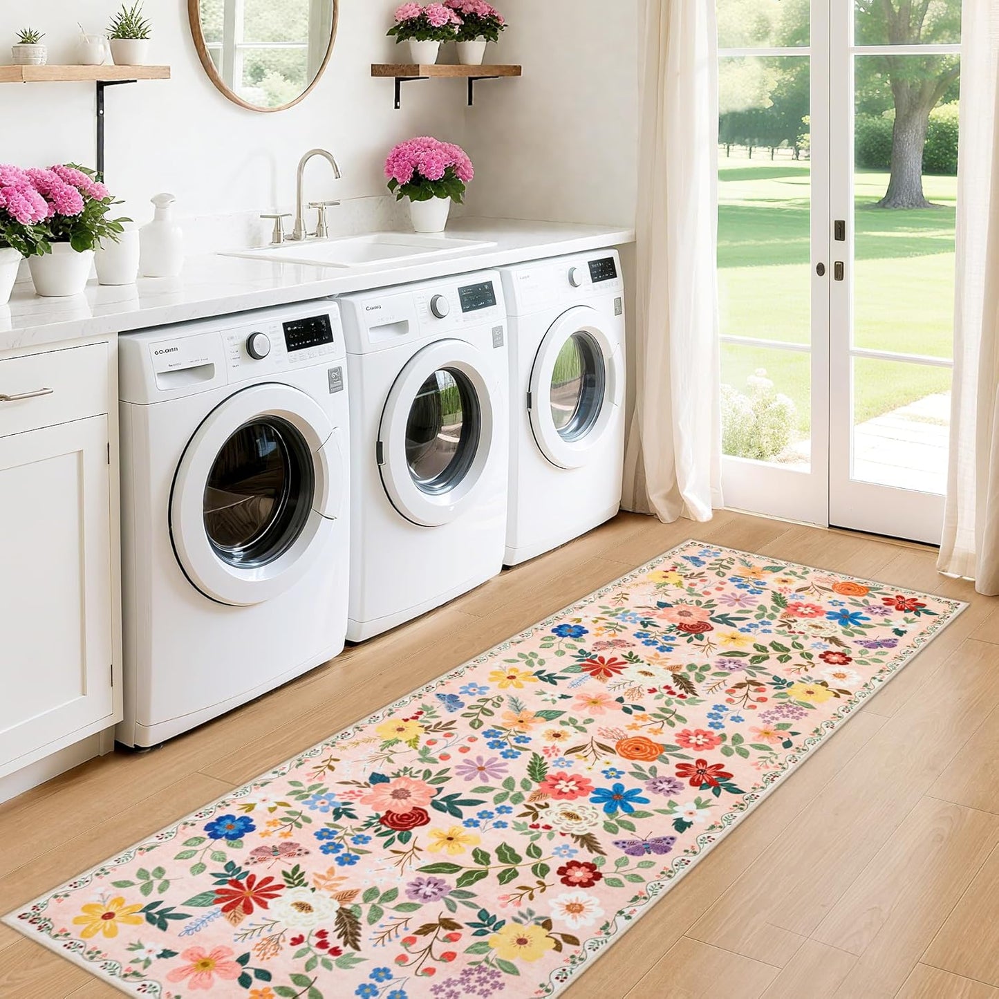 Runner Rug for Entryway: 2x10 Kitchen Rugs Non Slip Washable Ultra-Thin Soft Floral Carpet Indoor Floor Stain Resistant Carpets for Hallway Bedroom Kitchen Laundry Bathroom Dorm Beige