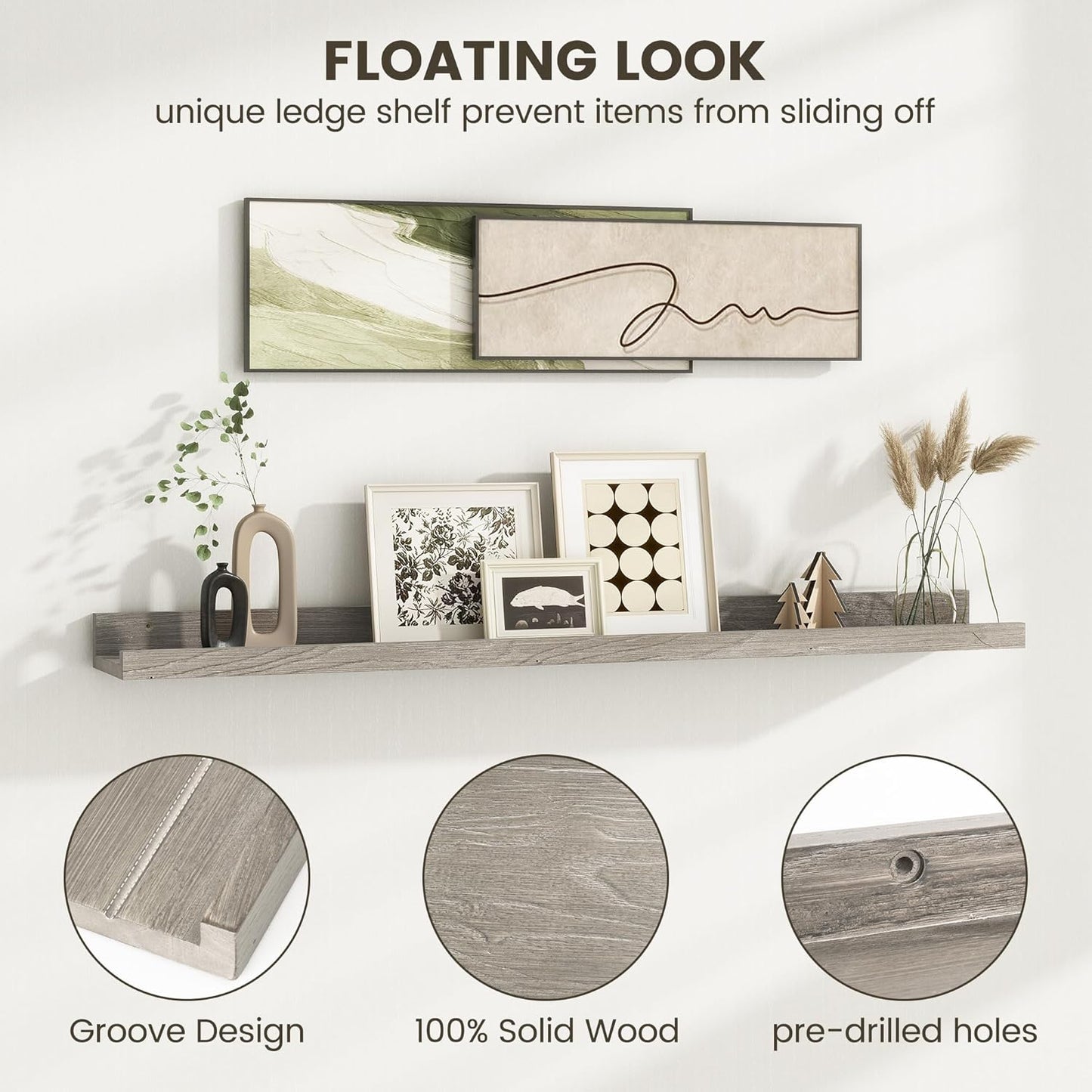 Fun Memories Picture Ledge Shelf, 36 Inch Floating Shelves for Wall, Nursery Bookshelf for Storage, Rustic Elm Wood Photo Ledge Shelves for Bedroom, Living Room, Kitchen (Grey, 36in Set of 2)