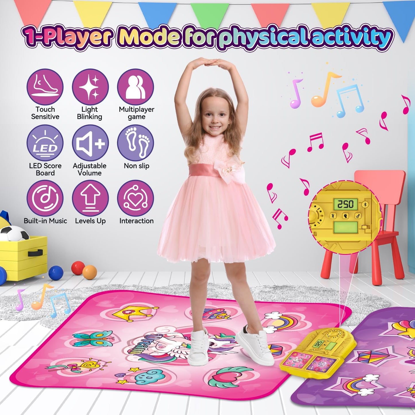 VATOS Double Dance Mat for Girls - 4 Game Modes & 9 Challenge Levels with Adjustable Volume, Led Light & Wireless Bluetooth | Music Play Mat Birthday Gifts Toys for Kids Ages 3 4 5 6 7 8 9+ Years Olds